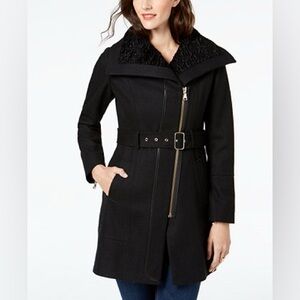 Guess, Size Large, Wool Blend Asymmetrical Faux-Fur-Lined Walker Coat